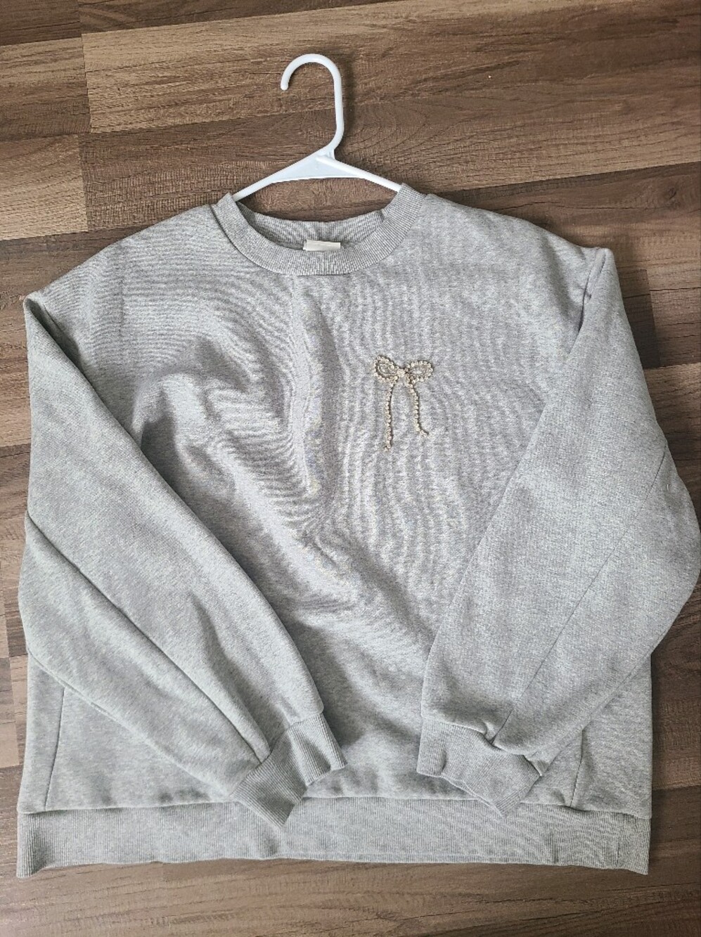 Womens Gray Crewneck Sweatshirt with Jewel Bow Accent